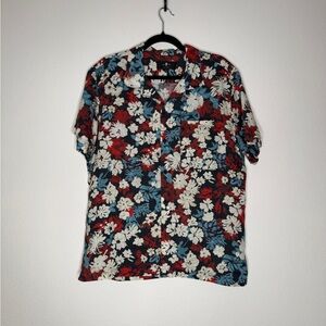 7 For All Mankind Blue Red Floral Linen Short Sleeve Button Down Shirt Size L